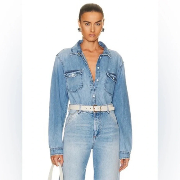 Frame Double Pocket Button Down Shirt Distressed  Denim - Picture 1 of 11